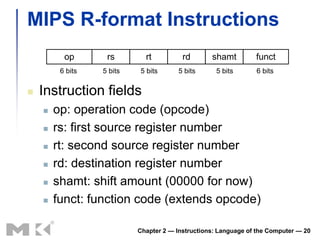 MIPS R-format Instructions
          op       rs        rt          rd       shamt         funct
         6 bits   5 bits   5 bits       5 bits      5 bits      6 bits


   Instruction fields
       op: operation code (opcode)
       rs: first source register number
       rt: second source register number
       rd: destination register number
       shamt: shift amount (00000 for now)
       funct: function code (extends opcode)

                           Chapter 2 — Instructions: Language of the Computer — 20
 