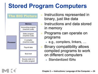 Stored Program Computers
The BIG Picture      Instructions represented in
                      binary, just like data
                     Instructions and data stored
                      in memory
                     Programs can operate on
                      programs
                         e.g., compilers, linkers, …
                     Binary compatibility allows
                      compiled programs to work
                      on different computers
                         Standardized ISAs


                  Chapter 2 — Instructions: Language of the Computer — 24
 