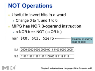 NOT Operations
   Useful to invert bits in a word
        Change 0 to 1, and 1 to 0
   MIPS has NOR 3-operand instruction
        a NOR b == NOT ( a OR b )
    nor $t0, $t1, $zero                                        Register 0: always
                                                               read as zero


        $t1   0000 0000 0000 0000 0011 1100 0000 0000

        $t0   1111 1111 1111 1111 1100 0011 1111 1111



                              Chapter 2 — Instructions: Language of the Computer — 29
 