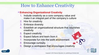 Copyright © 2015 Pearson Education, Inc. publishing as Prentice Hall.
Enhancing Organizational Creativity
1. Include creativity as a core company value and
make it an integral part of the company’s culture
2. Hire for creativity
3. Embrace diversity
4. Establish an organizational structure that nourishes
creativity
5. Expect creativity
6. Expect failure and learn from it
7. Incorporate fun into the work environment
8. Encourage curiosity
9. Design a workspace that encourages creativity
3-11
How to Enhance Creativity
 