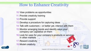 Copyright © 2015 Pearson Education, Inc. publishing as Prentice Hall.
10.View problems as opportunities
11. Provide creativity training
12.Provide support
13.Develop a procedure for capturing ideas
14.Talk with customers – or better yet, interact with them
15.Monitor emerging trends and identify ways your
company can capitalize on them
16.Look for uses for your company’s products or services
in other markets
17.Reward creativity
18.Model creativity
3-12
How to Enhance Creativity
 