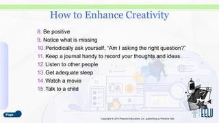 Copyright © 2015 Pearson Education, Inc. publishing as Prentice Hall.
8. Be positive
9. Notice what is missing
10.Periodically ask yourself, “Am I asking the right question?”
11. Keep a journal handy to record your thoughts and ideas
12.Listen to other people
13.Get adequate sleep
14.Watch a movie
15.Talk to a child
3-14
How to Enhance Creativity
 