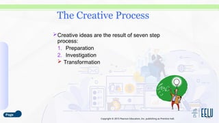 Copyright © 2015 Pearson Education, Inc. publishing as Prentice Hall.
Creative ideas are the result of seven step
process:
1. Preparation
2. Investigation
 Transformation
3-20
The Creative Process
 