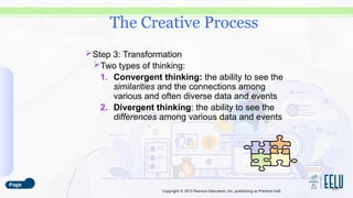 Copyright © 2015 Pearson Education, Inc. publishing as Prentice Hall.
Step 3: Transformation
Two types of thinking:
1. Convergent thinking: the ability to see the
similarities and the connections among
various and often diverse data and events
2. Divergent thinking: the ability to see the
differences among various data and events
3-21
The Creative Process
 