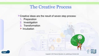 Copyright © 2015 Pearson Education, Inc. publishing as Prentice Hall.
Creative ideas are the result of seven step process:
1. Preparation
2. Investigation
3. Transformation
 Incubation
3-23
The Creative Process
 