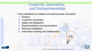Copyright © 2015 Pearson Education, Inc. publishing as Prentice Hall.
Intuit identified six enablers of small business innovation:
1. Passion
2. Customer connection
3. Agility and adaptation
4. Experimentation and improvisation
5. Resource limitations
6. Information sharing and collaboration
3-4
Creativity, Innovation,
and Entrepreneurship
 
