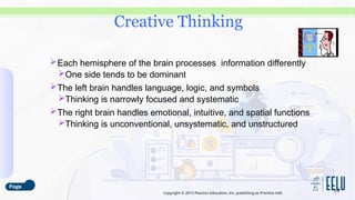 Copyright © 2015 Pearson Education, Inc. publishing as Prentice Hall.
Each hemisphere of the brain processes information differently
One side tends to be dominant
The left brain handles language, logic, and symbols
Thinking is narrowly focused and systematic
The right brain handles emotional, intuitive, and spatial functions
Thinking is unconventional, unsystematic, and unstructured
3-8
Creative Thinking
 