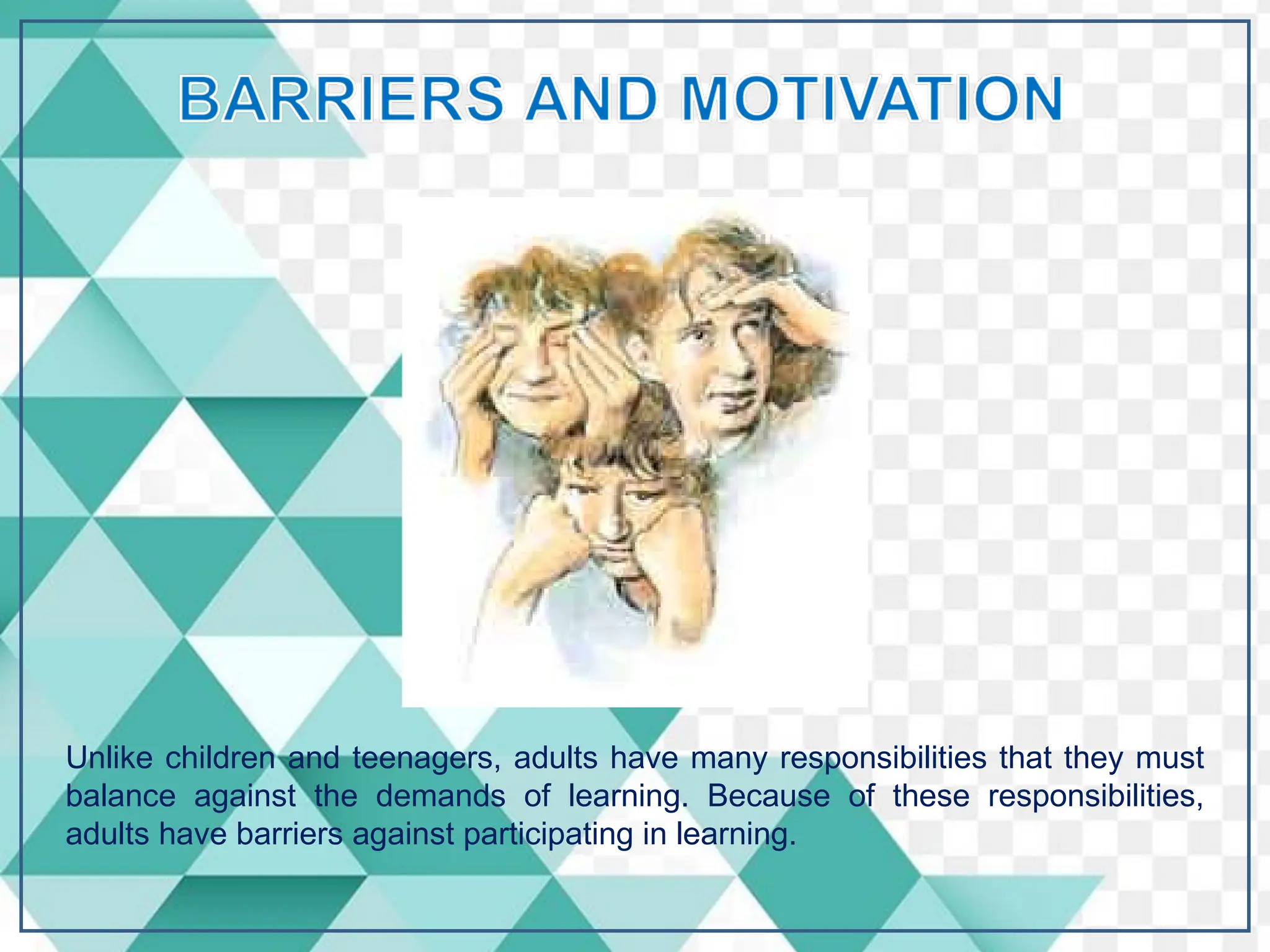 Unlike children and teenagers, adults have many responsibilities that they must
balance against the demands of learning. Because of these responsibilities,
adults have barriers against participating in learning.
 
