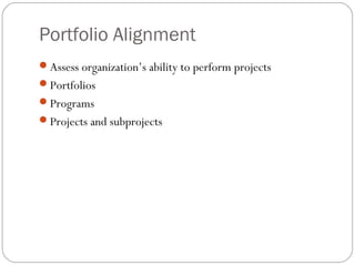 Portfolio Alignment
Assess organization’s ability to perform projects
Portfolios
Programs
Projects and subprojects
 