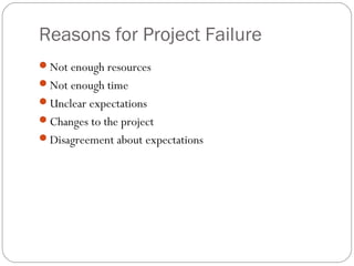 Reasons for Project Failure
Not enough resources
Not enough time
Unclear expectations
Changes to the project
Disagreement about expectations
 