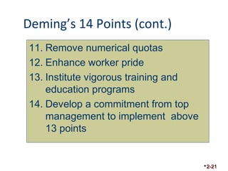Deming’s 14 Points (cont.) 
11. Remove numerical quotas 
12. Enhance worker pride 
13. Institute vigorous training and 
education programs 
14. Develop a commitment from top 
management to implement above 
13 points 
2-21 
 