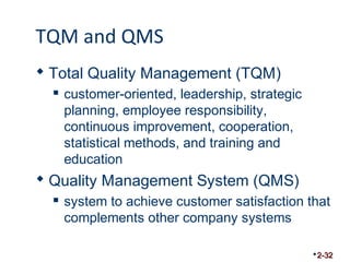 TQM and QMS 
 Total Quality Management (TQM) 
 customer-oriented, leadership, strategic 
planning, employee responsibility, 
continuous improvement, cooperation, 
statistical methods, and training and 
education 
 Quality Management System (QMS) 
 system to achieve customer satisfaction that 
complements other company systems 
2-32 
 