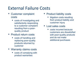 External Failure Costs 
 Customer complaint 
costs 
 costs of investigating and 
satisfactorily responding 
to a customer complaint 
resulting from a poor-quality 
product 
 Product return costs 
 costs of handling and 
replacing poor-quality 
products returned by 
customer 
 Warranty claims costs 
 costs of complying with 
product warranties 
 Product liability costs 
 litigation costs resulting 
from product liability and 
customer injury 
 Lost sales costs 
 costs incurred because 
customers are dissatisfied 
with poor-quality products 
and do not make 
additional purchases 
 