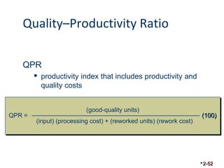 Quality–Productivity Ratio 
QPR 
 productivity index that includes productivity and 
quality costs 
2-52 
QPR = 
(good-quality units) 
(input) (processing cost) + (reworked units) (rework cost) 
((110000)) 
 