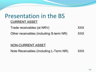 Presentation in the BS
102
CURRENT ASSET
Trade receivables (at NRV) XXX
Other receivables (including S-term NR) XXX
NON-CURRENT ASSET
Note Receivables (Including L-Term NR) XXX
 