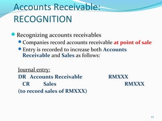 Accounts Receivable:
RECOGNITION
Recognizing accounts receivables
Companies record accounts receivable at point of sale
Entry is recorded to increase both Accounts
Receivable and Sales as follows:
Journal entry:
DR Accounts Receivable RMXXX
CR Sales RMXXX
(to record sales of RMXXX)
11
 