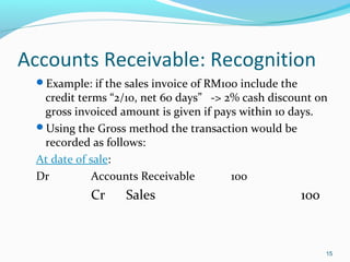 Accounts Receivable: Recognition
Example: if the sales invoice of RM100 include the
credit terms “2/10, net 60 days” -> 2% cash discount on
gross invoiced amount is given if pays within 10 days.
Using the Gross method the transaction would be
recorded as follows:
At date of sale:
Dr Accounts Receivable 100
Cr Sales 100
15
 