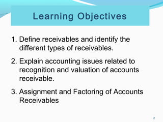 2
Learning Objectives
1. Define receivables and identify the
different types of receivables.
2. Explain accounting issues related to
recognition and valuation of accounts
receivable.
3. Assignment and Factoring of Accounts
Receivables
 