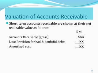 Valuation of Accounts Receivable
Short term accounts receivable are shown at their net
realizable value as follows:
RM
Accounts Receivable (gross) XXX
Less: Provision for bad & doubtful debts _ XX
Amortized cost XX
23
 