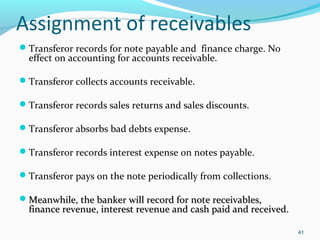 Assignment of receivables
Transferor records for note payable and finance charge. No
effect on accounting for accounts receivable.
Transferor collects accounts receivable.
Transferor records sales returns and sales discounts.
Transferor absorbs bad debts expense.
Transferor records interest expense on notes payable.
Transferor pays on the note periodically from collections.
Meanwhile, the banker will record for note receivables,Meanwhile, the banker will record for note receivables,
finance revenue, interest revenue and cash paid and received.finance revenue, interest revenue and cash paid and received.
41
 