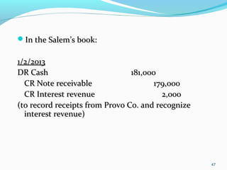 In the Salem’s book:In the Salem’s book:
1/2/20131/2/2013
DR CashDR Cash 181,000181,000
CR Note receivableCR Note receivable 179,000179,000
CR Interest revenueCR Interest revenue 2,0002,000
(to record receipts from Provo Co. and recognize(to record receipts from Provo Co. and recognize
interest revenue)interest revenue)
47
 