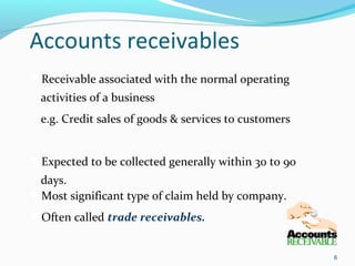Accounts receivables
Receivable associated with the normal operating
activities of a business
e.g. Credit sales of goods & services to customers
Expected to be collected generally within 30 to 90
days.
Most significant type of claim held by company.
Often called trade receivables.
6
 