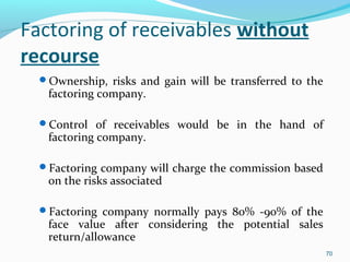 Factoring of receivables without
recourse
Ownership, risks and gain will be transferred to the
factoring company.
Control of receivables would be in the hand of
factoring company.
Factoring company will charge the commission based
on the risks associated
Factoring company normally pays 80% -90% of the
face value after considering the potential sales
return/allowance
70
 