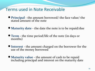 Terms used in Note Receivable
Principal - the amount borrowed/ the face value/ the
stated amount of the note
Maturity date - the date the note is to be repaid/due
Term - the time period/life of the note (in days or
months)
Interest - the amount charged on the borrower for the
use of the money borrowed
Maturity value - the amount of cash to be repaid
including principal and interest on the maturity date
79
 