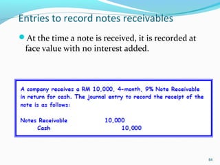 Entries to record notes receivables
At the time a note is received, it is recorded at
face value with no interest added.
84
 