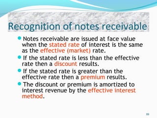 Recognition of notes receivable
Notes receivable are issued at face value
when the stated rate of interest is the same
as the effective (market) rate.
If the stated rate is less than the effective
rate then a discount results.
If the stated rate is greater than the
effective rate then a premium results.
The discount or premium is amortized to
interest revenue by the effective interest
method.
89
 