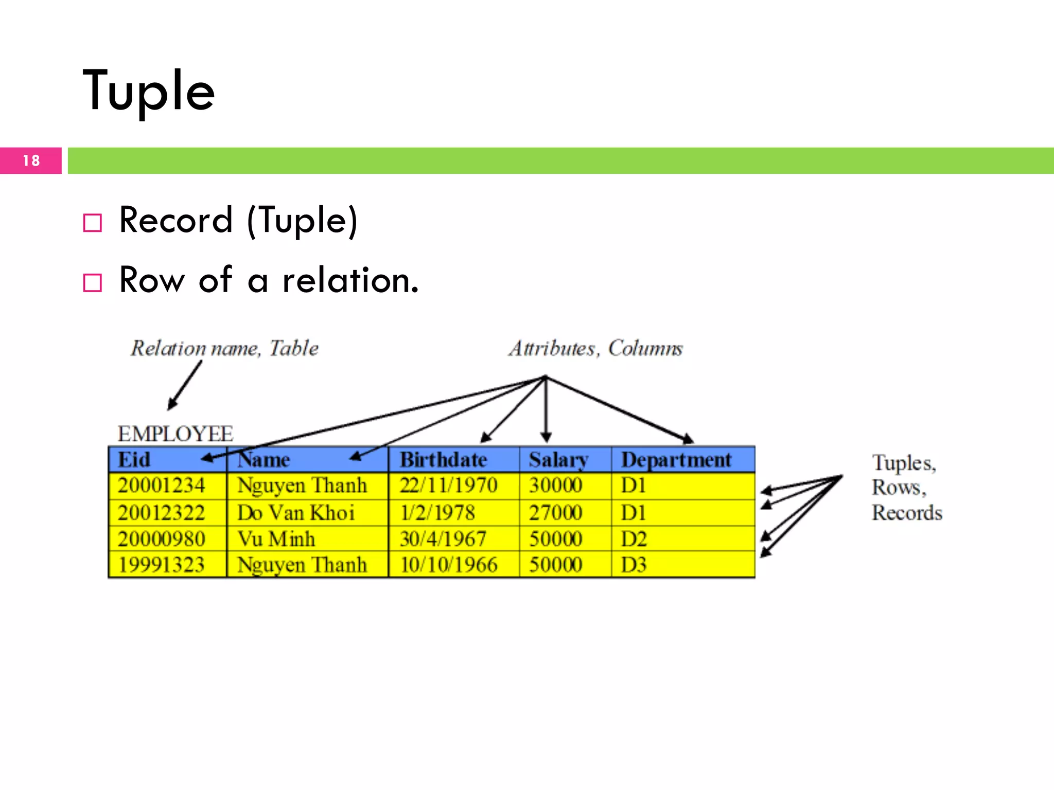 Tuple 18 ¨  Record (Tuple) ¨  Row of a relation. 