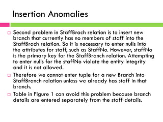 Insertion Anomalies
¨  Second problem in StaffBrach relation is to insert new
branch that currently has no members of staff into the
StaffBrach relation. So it is necessary to enter nulls into
the attributes for staff, such as StaffNo. However, staffNo
is the primary key for the StaffBranch relation. Attempting
to enter nulls for the staffNo violate the entity integrity
and it is not allowed.
¨  Therefore we cannot enter tuple for a new Branch into
StaffBranch relation unless we already has staff in that
branch.
¨  Table in Figure 1 can avoid this problem because branch
details are entered separately from the staff details.
 