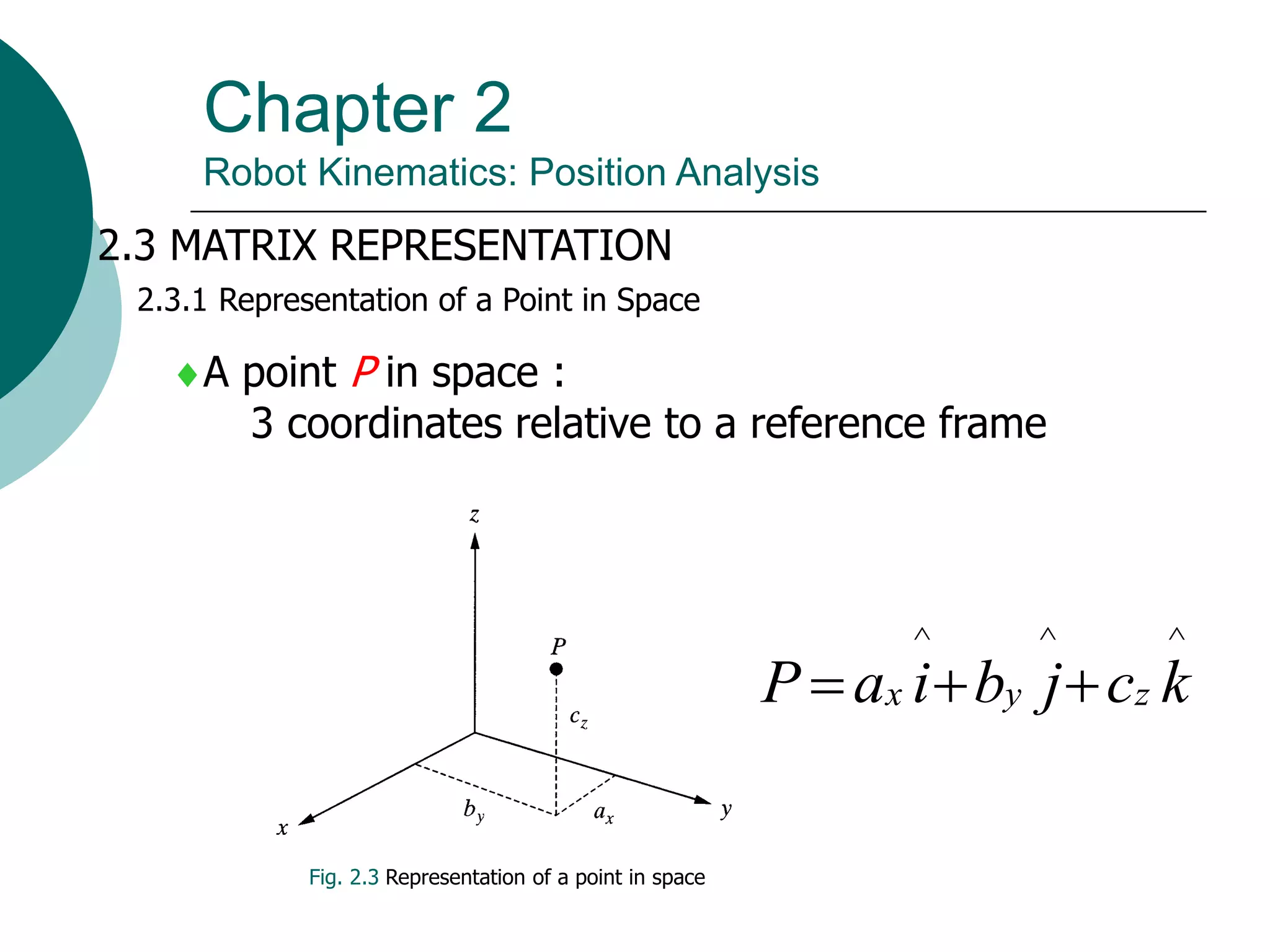 Chapter 2
Robot Kinematics: Position Analysis
2.3 MATRIX REPRESENTATION
2.3.1 Representation of a Point in Space
Fig. 2.3 Representation of a point in space
A point P in space :
3 coordinates relative to a reference frame
^
^
^
k
c
j
b
i
a
P z
y
x 


 