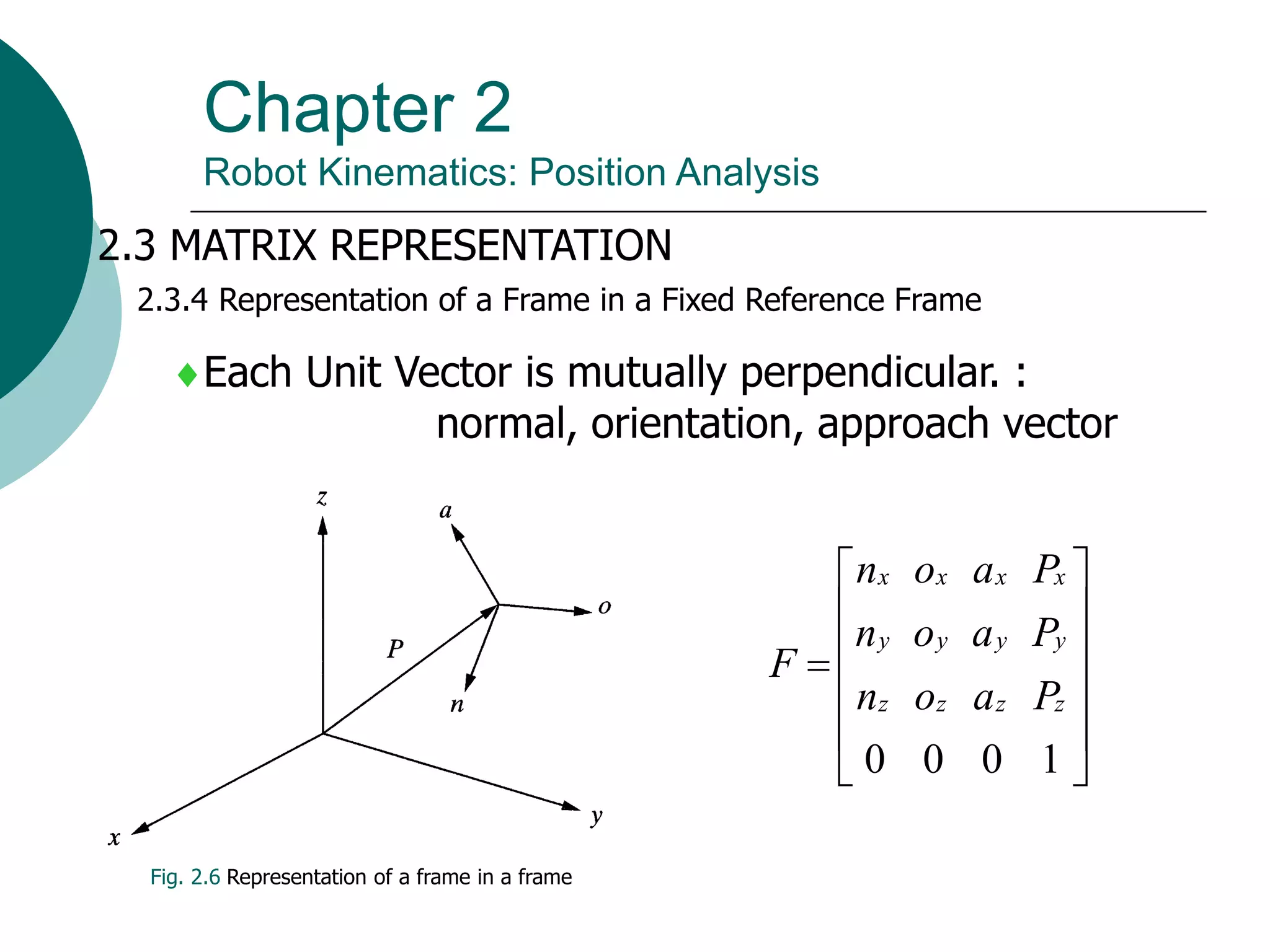 Chapter 2
Robot Kinematics: Position Analysis
2.3 MATRIX REPRESENTATION
2.3.4 Representation of a Frame in a Fixed Reference Frame
Fig. 2.6 Representation of a frame in a frame
Each Unit Vector is mutually perpendicular. :
normal, orientation, approach vector













1
0
0
0
z
z
z
z
y
y
y
y
x
x
x
x
P
a
o
n
P
a
o
n
P
a
o
n
F
 