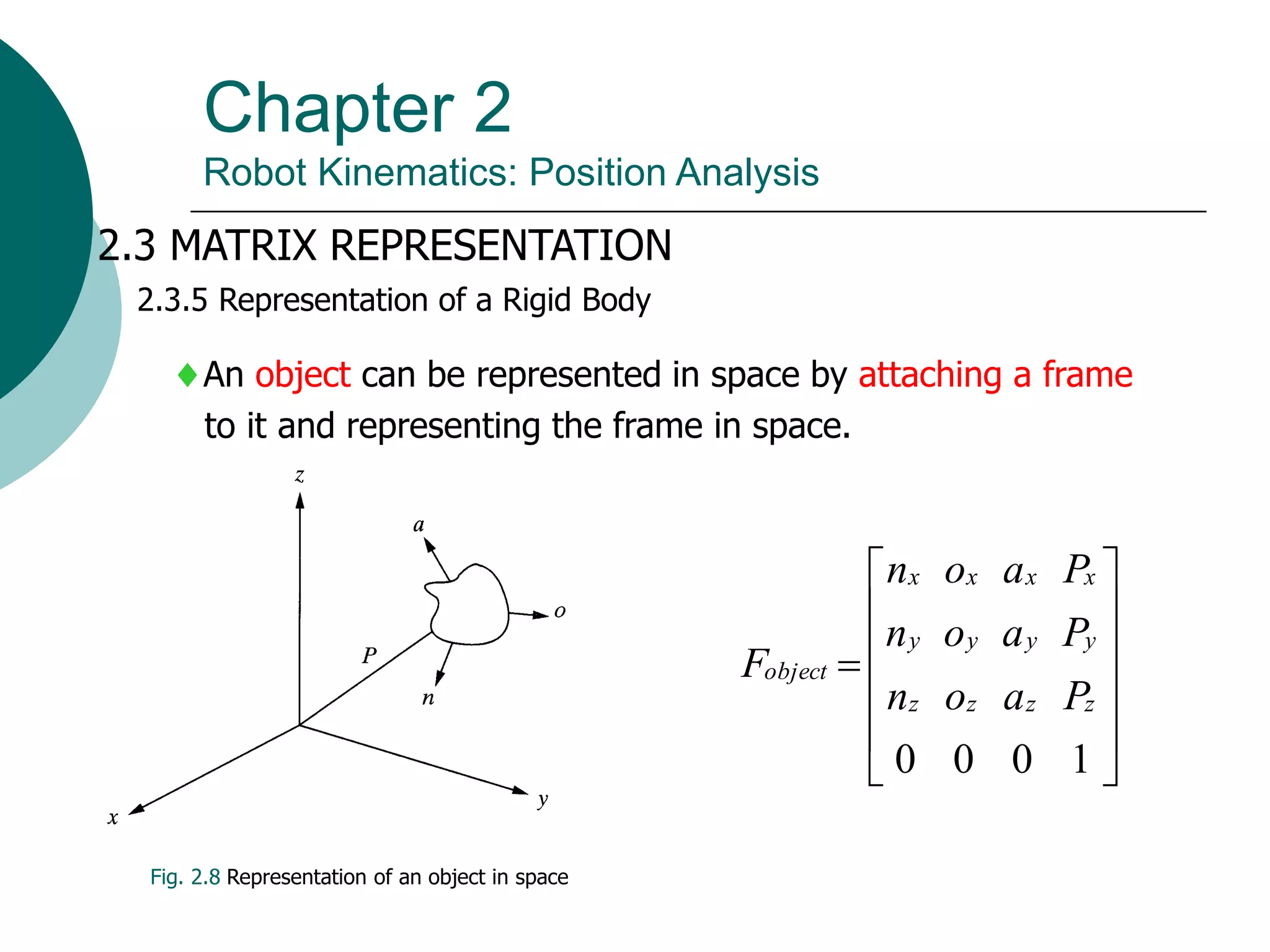 Chapter 2
Robot Kinematics: Position Analysis
2.3 MATRIX REPRESENTATION
2.3.5 Representation of a Rigid Body
Fig. 2.8 Representation of an object in space
An object can be represented in space by attaching a frame
to it and representing the frame in space.













1
0
0
0
z
z
z
z
y
y
y
y
x
x
x
x
object
P
a
o
n
P
a
o
n
P
a
o
n
F
 