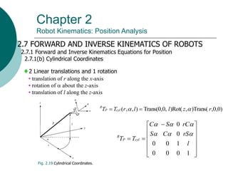 Chapter 2
Robot Kinematics: Position Analysis
2.7 FORWARD AND INVERSE KINEMATICS OF ROBOTS
2.7.1 Forward and Inverse Kinematics Equations for Position
2.7.1(b) Cylindrical Coordinates
2 Linear translations and 1 rotation
• translation of r along the x-axis
• rotation of  about the z-axis
• translation of l along the z-axis
Fig. 2.19 Cylindrical Coordinates.











 


1
0
0
0
1
0
0
0
0
l
rS
C
S
rC
S
C
T
T cyl
P
R 





,0,0)
)Trans(
,
)Rot(
Trans(0,0,
)
,
,
( r
z
l
l
r
T
T cyl
P
R

 

 