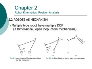 Chapter 2
Robot Kinematics: Position Analysis
2.2 ROBOTS AS MECHANISM
Fig. 2.1 A one-degree-of-freedom closed-loop
four-bar mechanism
Multiple type robot have multiple DOF.
(3 Dimensional, open loop, chain mechanisms)
Fig. 2.2 (a) Closed-loop versus (b) open-loop mechanism
 