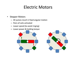 Electric Motors
• Stepper Motors
– DC pulses result in fixed angular motion
– Pairs of coils activated
– Lower speed (to avoid ringing)
– Lower power & holding torque
 