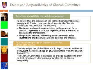 Duties and Responsibilities of Shariah Committee
• To ensure that the products of the Islamic financial institutions
comply with Shariah principles in all aspects, the Shariah
Committee must endorse the following:
• The terms and conditions contained in the proposal form,
contract, agreement or other legal documentation used in
executing the transactions
• The product manual, marketing advertisements, sales
illustrations and brochures used to describe the product.
To endorse and validate relevant documentations
• The related parties of the IFI such as its legal counsel, auditor or
consultant may seek advice on Shariah matters from the Shariah
Committee.
• The Shariah Committee is expected to provide assistance to them
so that compliance with Shariah principles can be assured
completely
To assist related parties on Shariah matters for
advice upon request
14
 
