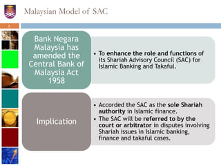 Malaysian Model of SAC
• To enhance the role and functions of
its Shariah Advisory Council (SAC) for
Islamic Banking and Takaful.
Bank Negara
Malaysia has
amended the
Central Bank of
Malaysia Act
1958
• Accorded the SAC as the sole Shariah
authority in Islamic finance.
• The SAC will be referred to by the
court or arbitrator in disputes involving
Shariah issues in Islamic banking,
finance and takaful cases.
Implication
7
 