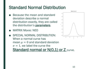 Standard Normal Distribution
■ Because the mean and standard
deviation describe a normal
distribution exactly, they are called
the distribution’s parameters.
■ MATRIX Movie: NEO
■ SPECIAL NORMAL DISTRIBUTION:
When a normal curve has
mean 𝜇 = 0 and standard deviation
𝜎 = 1, we label the curve the
Standard normal or N(0,1) or Z curve.
10
 