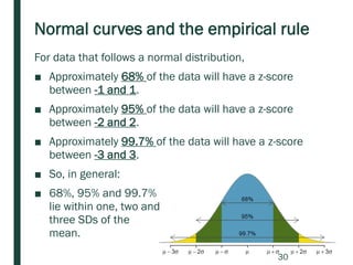 Normal curves and the empirical rule
For data that follows a normal distribution,
■ Approximately 68% of the data will have a z-score
between -1 and 1.
■ Approximately 95% of the data will have a z-score
between -2 and 2.
■ Approximately 99.7% of the data will have a z-score
between -3 and 3.
■ So, in general:
■ 68%, 95% and 99.7%
lie within one, two and
three SDs of the
mean.
30
 
