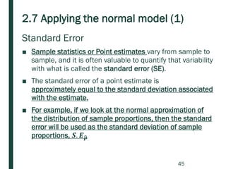 2.7 Applying the normal model (1)
Standard Error
■ Sample statistics or Point estimates vary from sample to
sample, and it is often valuable to quantify that variability
with what is called the standard error (SE).
■ The standard error of a point estimate is
approximately equal to the standard deviation associated
with the estimate.
■ For example, if we look at the normal approximation of
the distribution of sample proportions, then the standard
error will be used as the standard deviation of sample
proportions, 𝑺. 𝑬ෝ𝒑
45
 