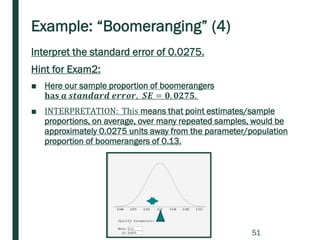 Example: “Boomeranging” (4)
Interpret the standard error of 0.0275.
Hint for Exam2:
■ Here our sample proportion of boomerangers
𝐡𝐚𝐬 𝒂 𝒔𝒕𝒂𝒏𝒅𝒂𝒓𝒅 𝒆𝒓𝒓𝒐𝒓, 𝑺𝑬 = 𝟎. 𝟎𝟐𝟕𝟓.
■ INTERPRETATION: This means that point estimates/sample
proportions, on average, over many repeated samples, would be
approximately 0.0275 units away from the parameter/population
proportion of boomerangers of 0.13.
51
 