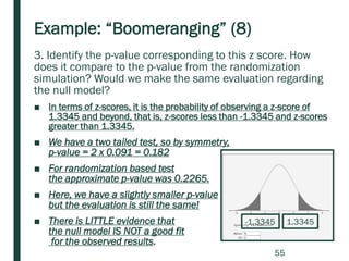 Example: “Boomeranging” (8)
3. Identify the p-value corresponding to this z score. How
does it compare to the p-value from the randomization
simulation? Would we make the same evaluation regarding
the null model?
■ In terms of z-scores, it is the probability of observing a z-score of
1.3345 and beyond, that is, z-scores less than -1.3345 and z-scores
greater than 1.3345.
■ We have a two tailed test, so by symmetry,
p-value = 2 x 0.091 = 0.182
■ For randomization based test
the approximate p-value was 0.2265.
■ Here, we have a slightly smaller p-value
but the evaluation is still the same!
■ There is LITTLE evidence that
the null model IS NOT a good fit
for the observed results.
1.3345-1.3345
55
 