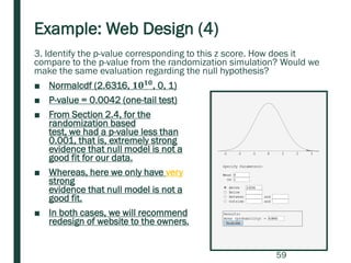Example: Web Design (4)
3. Identify the p-value corresponding to this z score. How does it
compare to the p-value from the randomization simulation? Would we
make the same evaluation regarding the null hypothesis?
■ Normalcdf (2.6316, 𝟏𝟎 𝟏𝟎, 0, 1)
■ P-value = 0.0042 (one-tail test)
■ From Section 2.4, for the
randomization based
test, we had a p-value less than
0.001, that is, extremely strong
evidence that null model is not a
good fit for our data.
■ Whereas, here we only have very
strong
evidence that null model is not a
good fit.
■ In both cases, we will recommend
redesign of website to the owners.
59
 