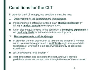 Conditions for the CLT
In order for the CLT to apply, two conditions must be true:
1. Observations in the sample(s) are independent.
■ Independence is often guaranteed in an observational study by
taking a random sample from a population.
■ It can also be guaranteed in the context of a controlled experiment if
we randomly divide individuals into treatment groups.
2. The sample size is sufficiently large.
■ In order for the null distribution to take on the shape of a normal
curve, we must have gathered a sufficiently large sample of data,
regardless of whether it is an observational study or controlled
experiment.
■ Just how large is large enough?
■ That differs from one context to the next, and we’ll provide
guidelines as we encounter them through the rest of the semester.
6
 