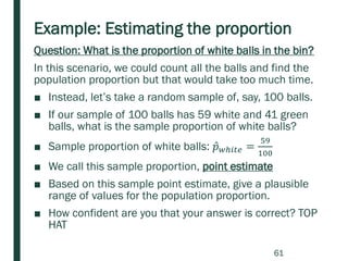 Example: Estimating the proportion
Question: What is the proportion of white balls in the bin?
In this scenario, we could count all the balls and find the
population proportion but that would take too much time.
■ Instead, let’s take a random sample of, say, 100 balls.
■ If our sample of 100 balls has 59 white and 41 green
balls, what is the sample proportion of white balls?
■ Sample proportion of white balls: Ƹ𝑝 𝑤ℎ𝑖𝑡𝑒 =
59
100
■ We call this sample proportion, point estimate
■ Based on this sample point estimate, give a plausible
range of values for the population proportion.
■ How confident are you that your answer is correct? TOP
HAT
61
 