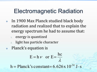 Electromagnetic Radiation
 In 1900 Max Planck studied black body
radiation and realized that to explain the
energy spectrum he had to assume that:
1. energy is quantized
2. light has particle character
 Planck’s equation is
18
sJ10x6.626constantsPlanck’h
hc
or EhE
34-




 
