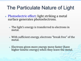 The Particulate Nature of Light
 Photoelectric effect: light striking a metal
surface generates photoelectrons.
 The light’s energy is transferred to electrons in
metal.
 With sufficient energy, electrons “break free” of the
metal.
 Electrons given more energy move faster (have
higher kinetic energy) when they leave the metal.
21
 